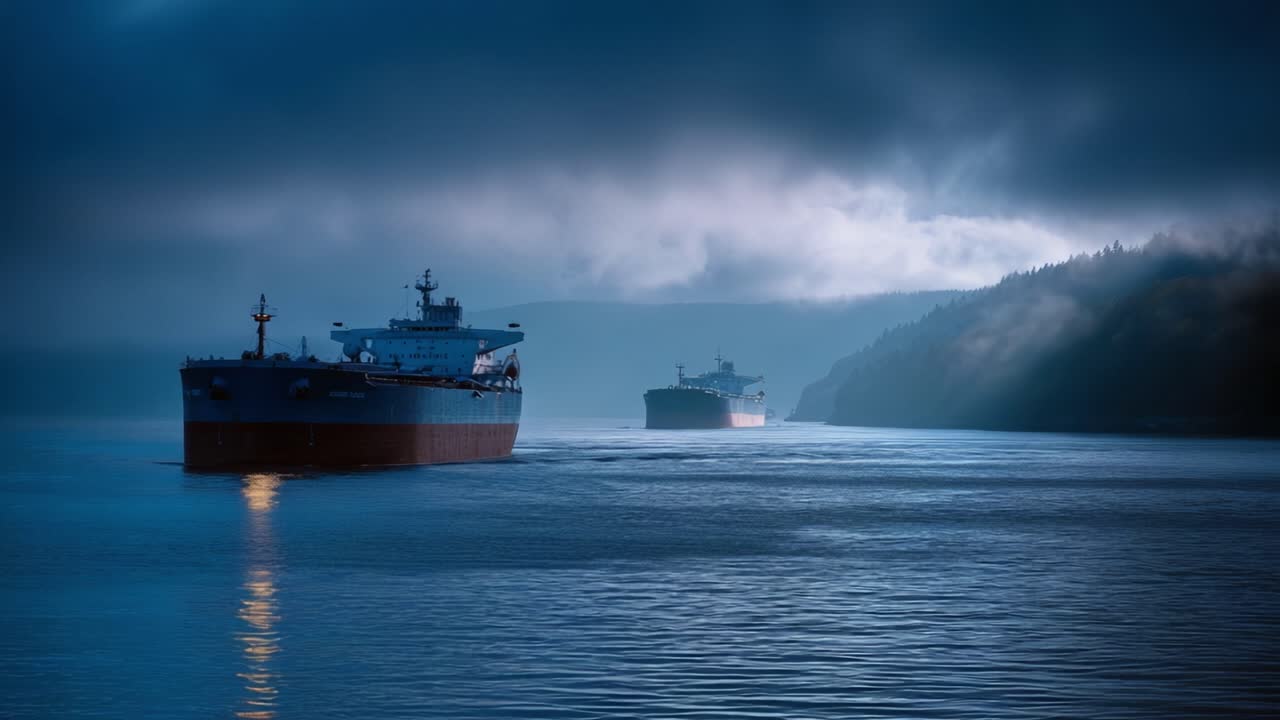 Three large cargo ships glide through misty waters at dawn. Dark clouds loom above rugged, forested shores. Calm water reflects ship lights and gloomy sky. Scene evokes quiet strength