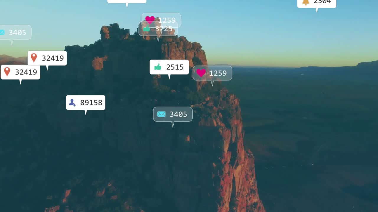 Drone closing and sweeping cliff, causing badges growing, grouping, fading, showing social data