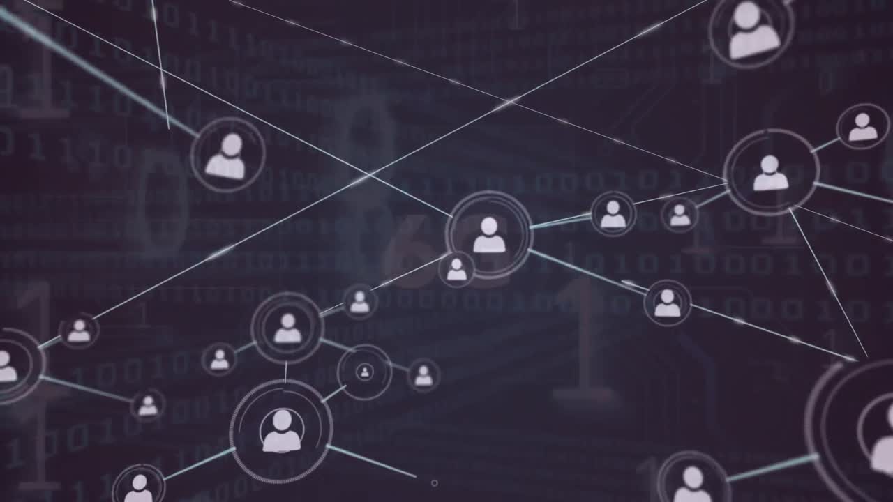Animation of profile icons interconnecting with lines over binary numbers