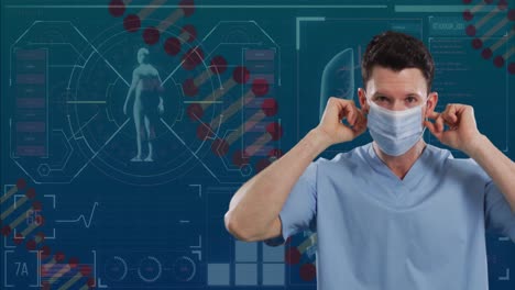 Portrait-of-caucasian-male-surgeon-adjusting-his-face-mask-against-medical-data-processing