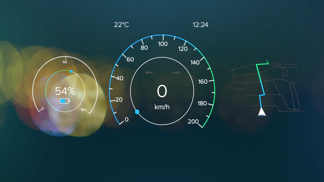 속도계의 애니메이션과 차량의 흐릿한 조명 위의 내비게이션 패턴