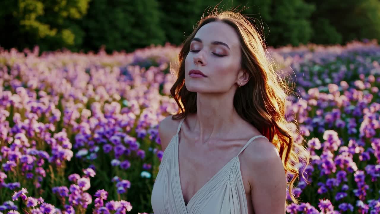 A serene video still of a woman in a field of purple flowers, captured at eye level
