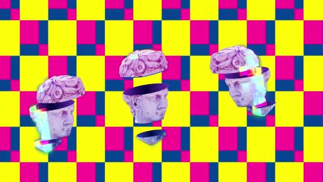 animation of three head sculptures glowing on square pattern background