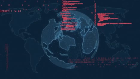 microprocessor connections over spinning globe and data processing on blue background