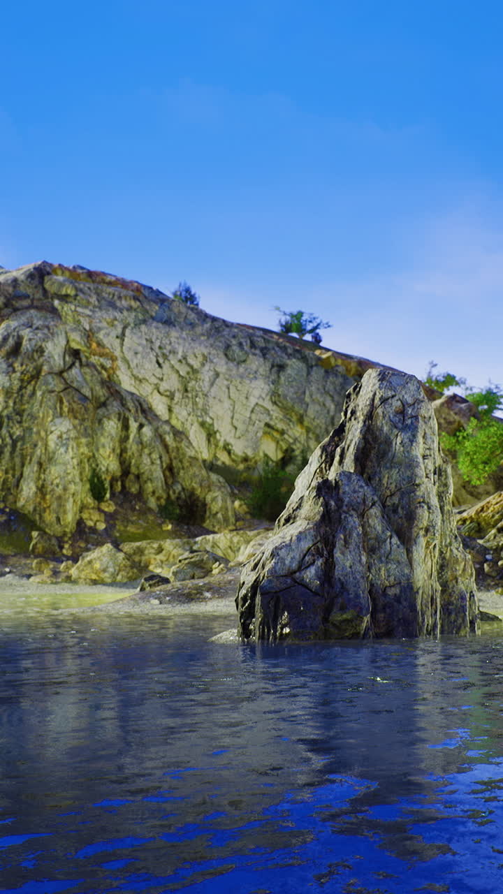 Paesaggio costiero roccioso con acque calme e cielo azzurro limpido