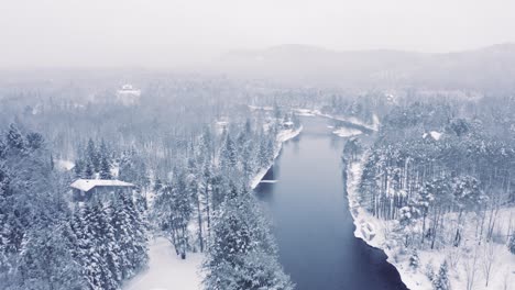 Nebelige-Winterlandschaft---Drohnenfliegen-4k---Berge---Bäume,-Flüsse,-Schneebedeckt