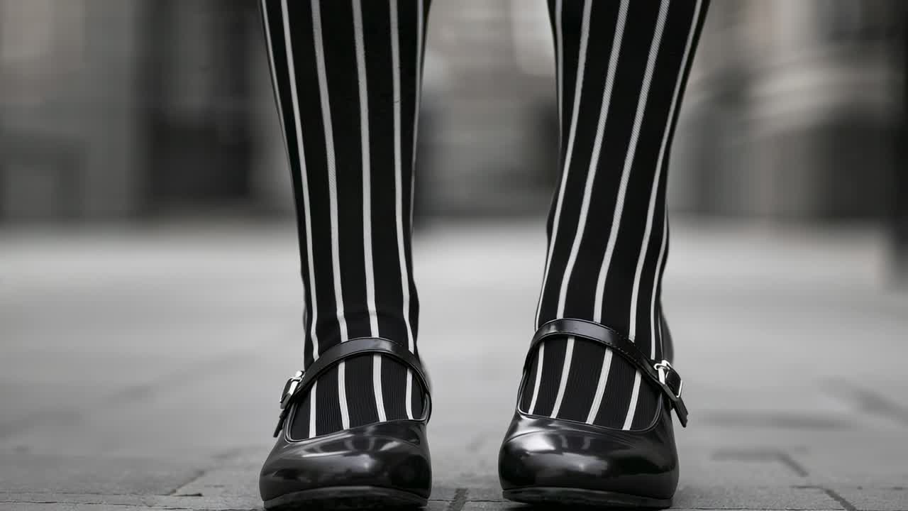 Piedi ben saldi, donna che si sposta e cammina lungo il passaggio pedonale per superare una persona sfocata con dei collant a righe