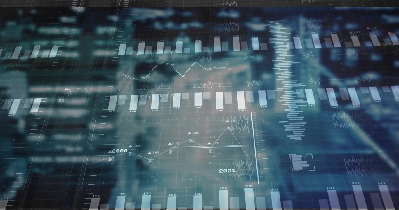 Translucent digital interface showing bar charts, line graphs, waveform plots, with timeline tags