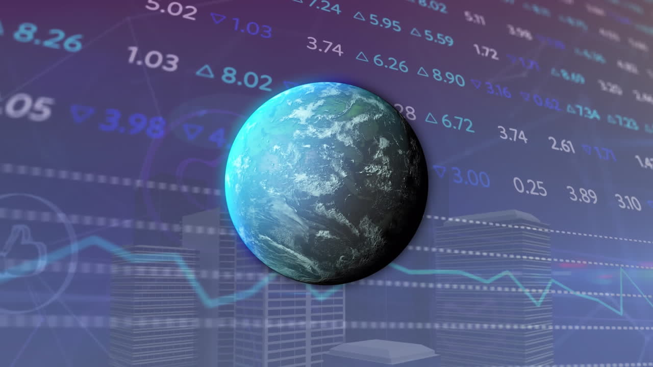 animación de un globo giratorio sobre el procesamiento de datos del mercado de valores contra edificios altos