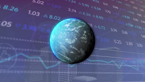 animación de un globo giratorio sobre el procesamiento de datos del mercado de valores contra edificios altos