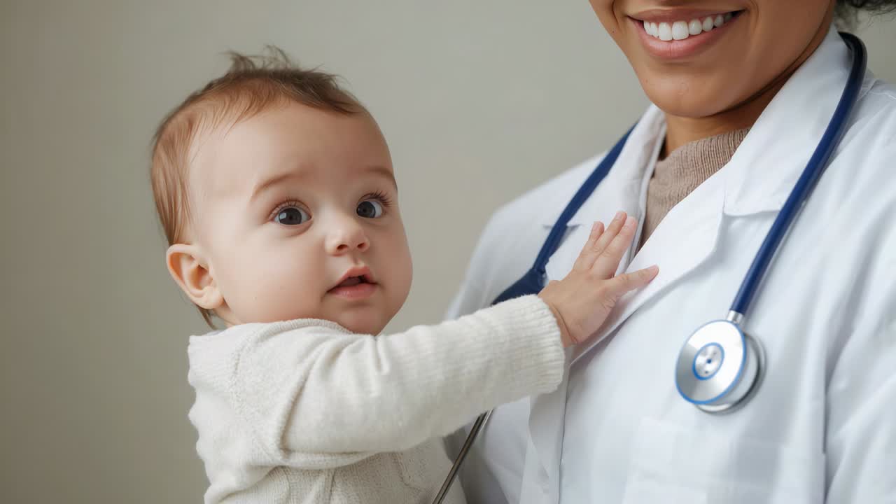 Neonato in braccio che indossa una maglia leggera e tocca uno stetoscopio su un camice bianco in una clinica, alla ricerca di un contatto.