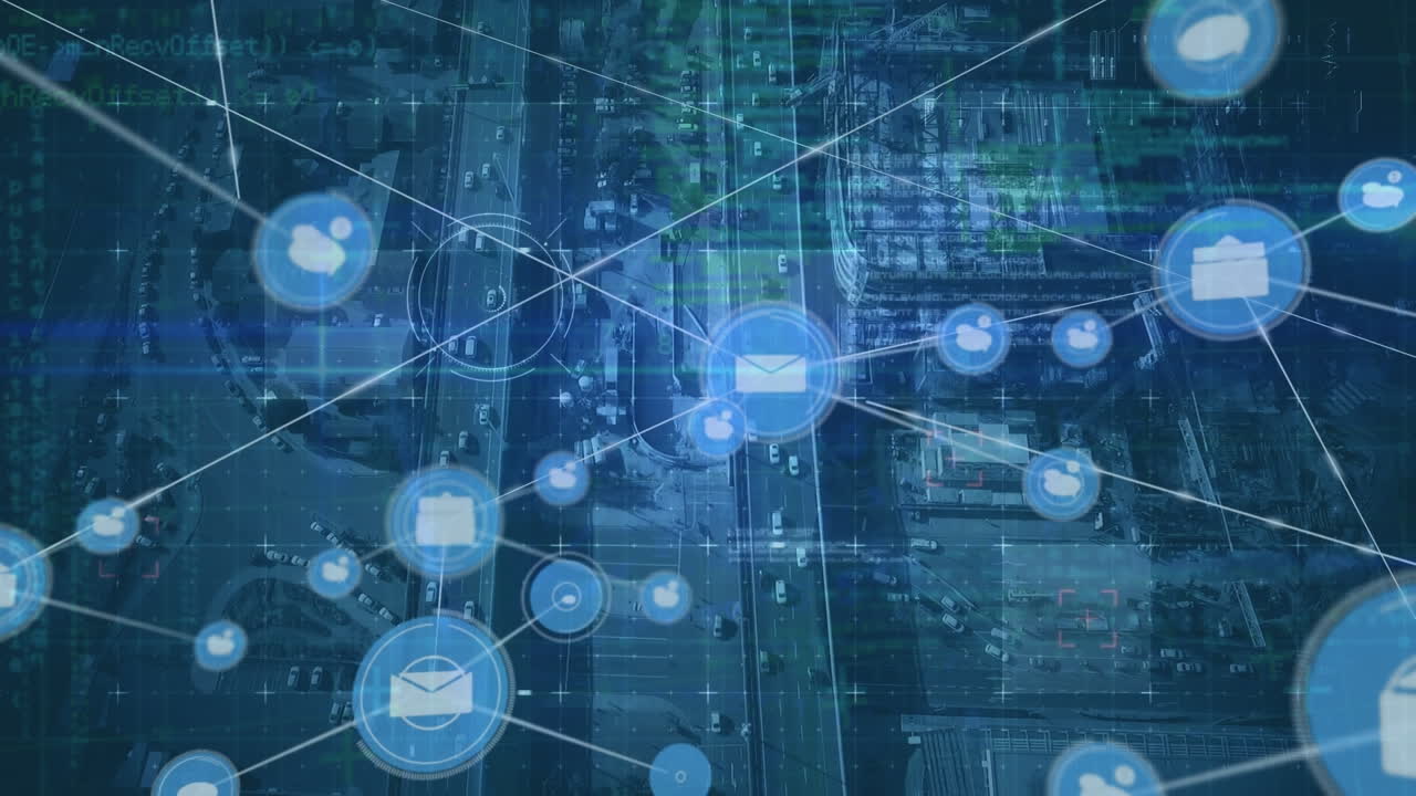 animación de la red de conexiones sobre el paisaje urbano