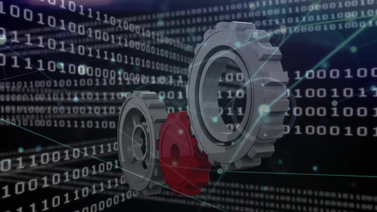 Animation of cogs moving with networks over binary coding data processing