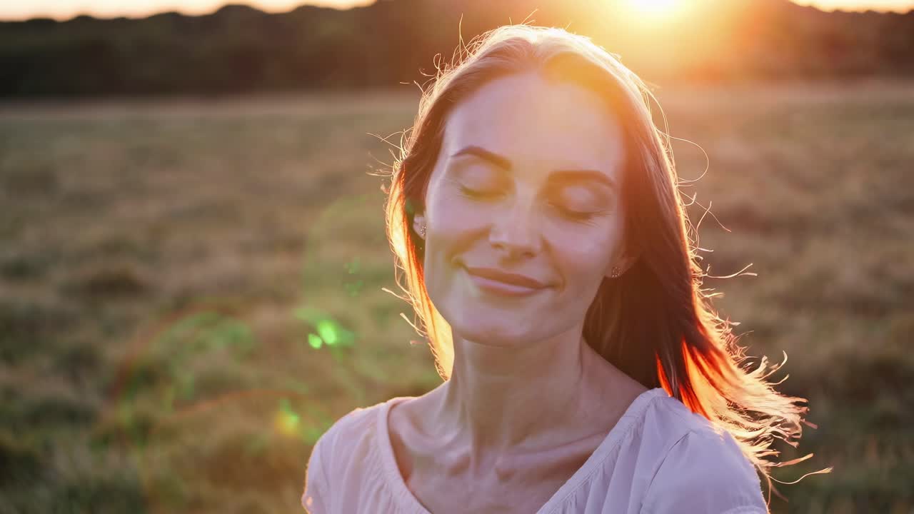 A serene video still of a woman smiling with closed eyes, captured at sunset