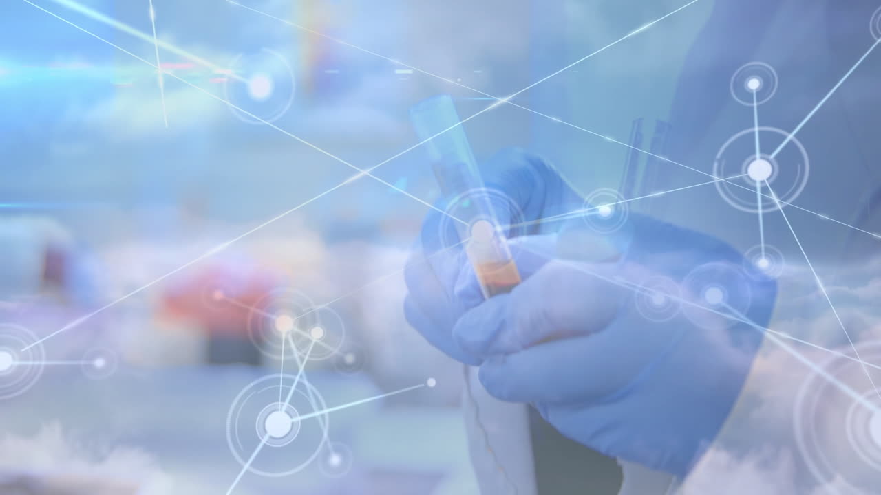 보호 장갑을 입은 손으로 실험실  ⁇ 플을 들고 있는 연결 네트워크의 애니메이션