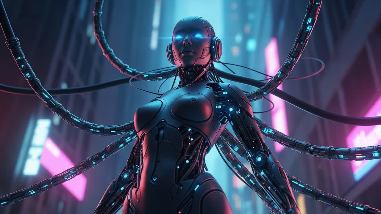 Futuristic Cybernetic Beauty: A Powerful Figure with High-Tech Features and Glowing Connections in a Neon-Lit Cityscape, Showcasing the Fusion of Technology and Artistry
