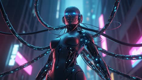 futuristic cybernetic beauty: a powerful figure with high-tech features and glowing connections in a neon-lit cityscape, showcasing the fusion of technology and artistry