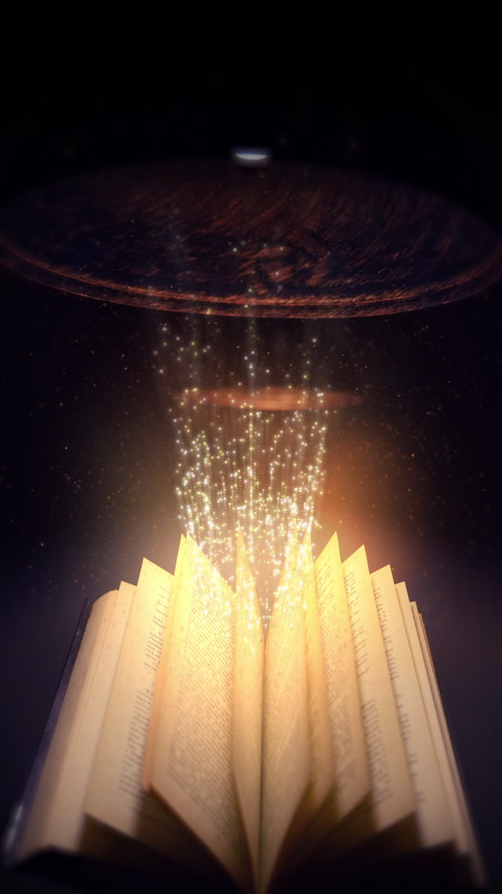 Yellow lights and sparkles coming from an open book on dark background. Loop magic animation. Vertical video.