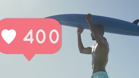 animation of speech bubble with heart icon and numbers over man carrying surfboard on beach
