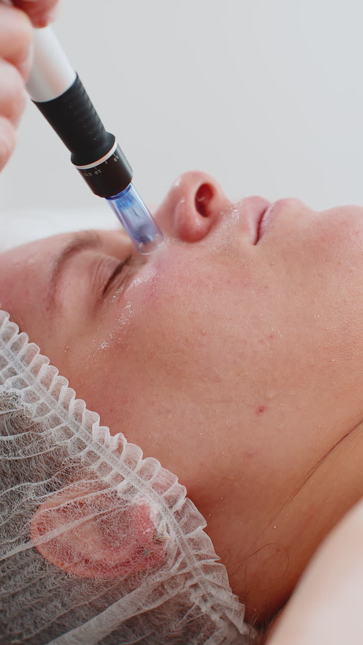 Cosmetologist doing peeling procedure woman skin regeneration dermapen microneedling dermastamp