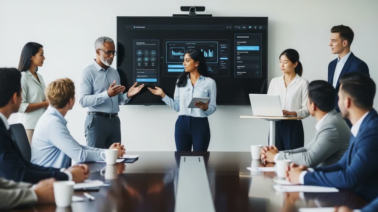 Engaging Business Presentation in a Modern Conference Room: A Team of Professionals Collaborating on Data Analytics and Strategy Insights with Technology at the Forefront, Captured in Two Frames