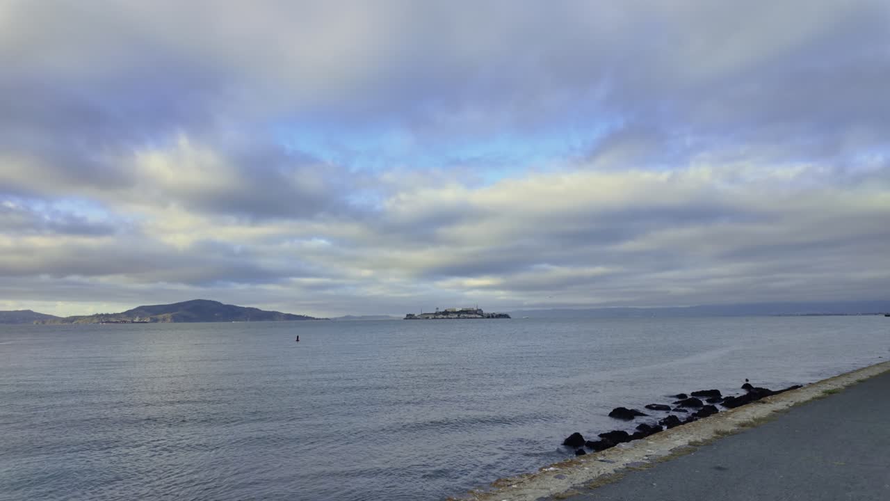 Alcatraz as seen from Marina Green in San Francisco on a cloudy day