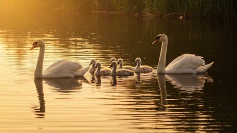 Swans with Cygnets Swimming at Sunset