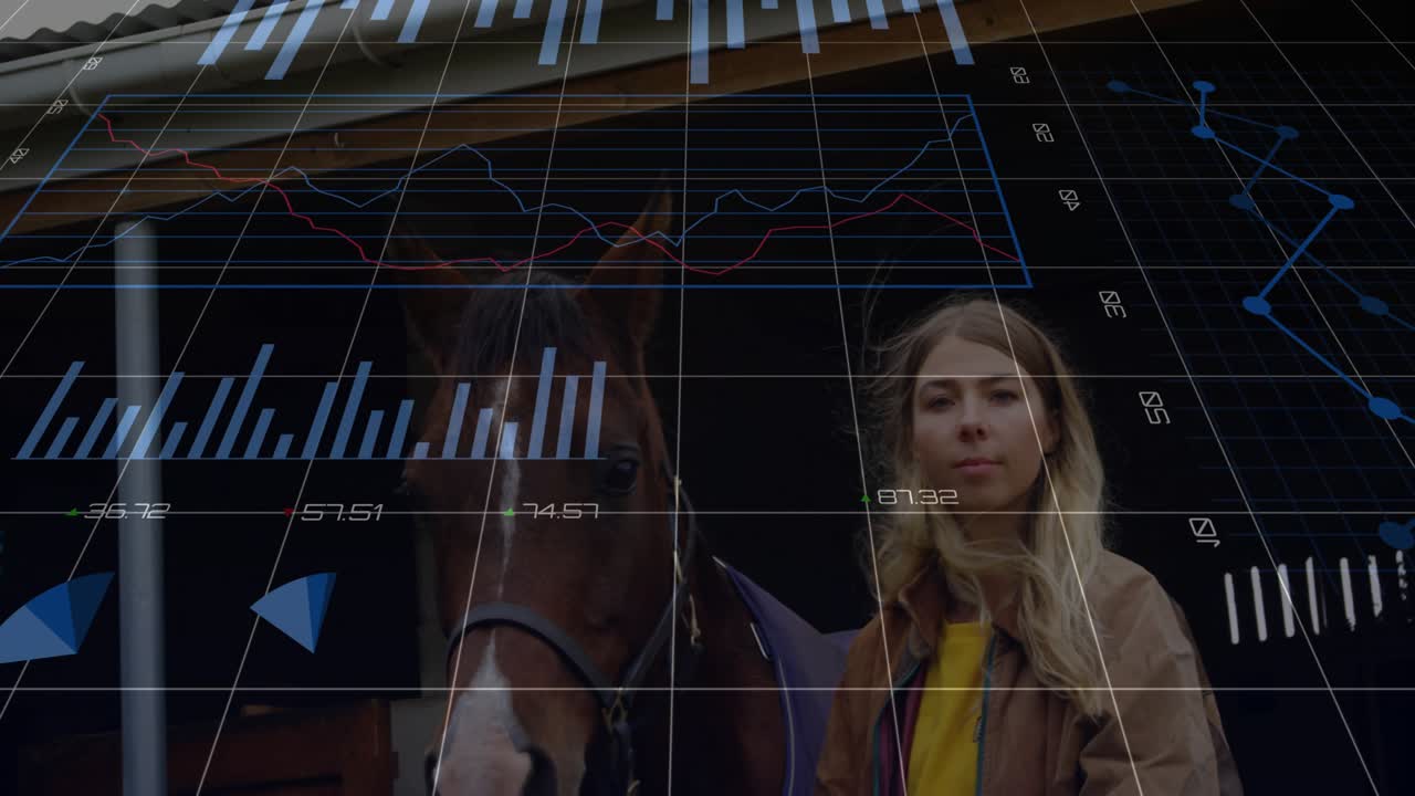 Woman standing stable doorway starting data monitoring upon horse entering frame under bar charts