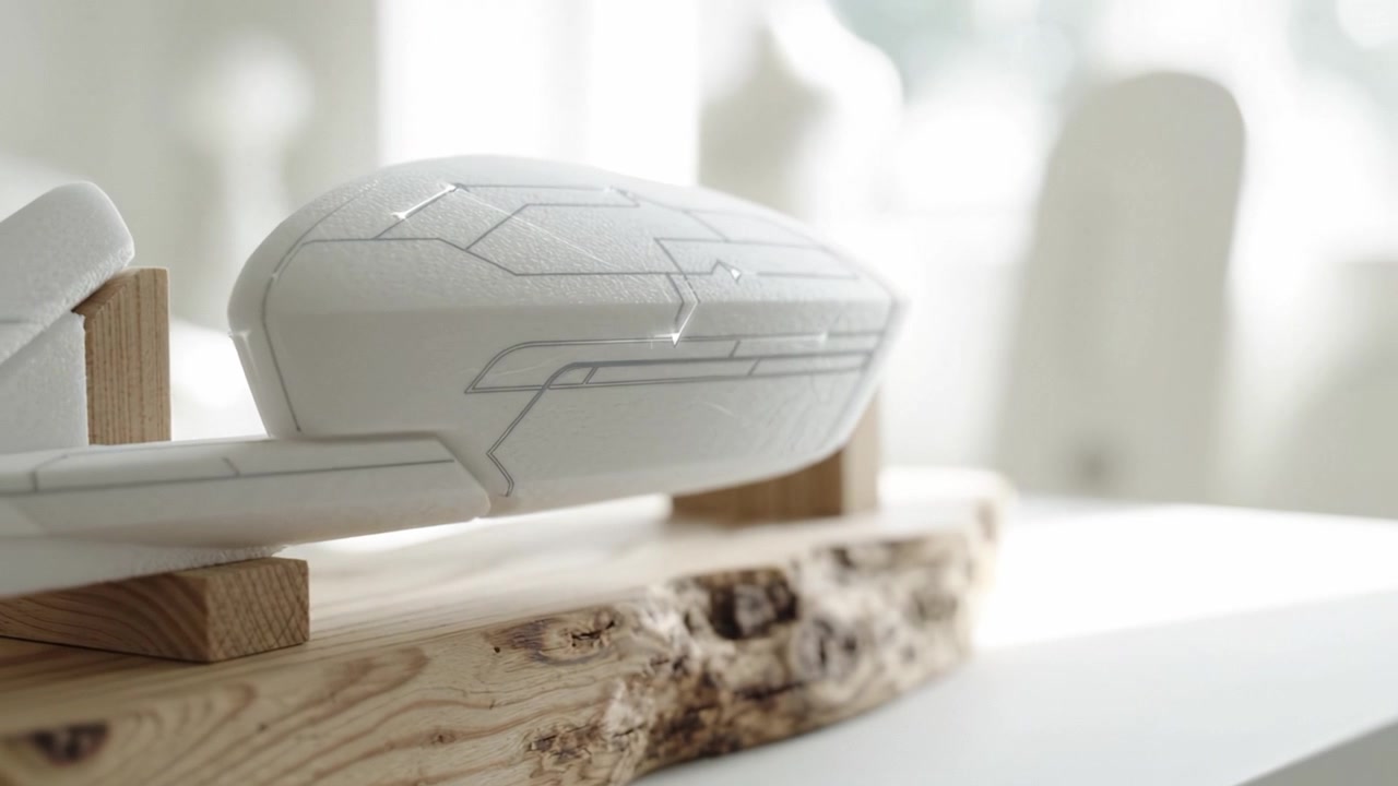 Stilisiertes weißes Modell auf einem Holzständer, das Designdetails bei hellem Tageslicht für eine künstlerische Präsentation und ästhetische Wirkung hervorhebt.