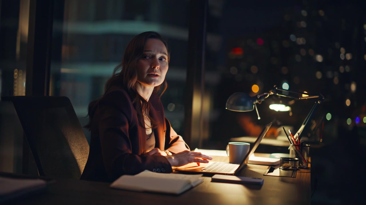 Donna d'affari scioccata di notte chiude il laptop dopo un progetto fallito. Donna stressata