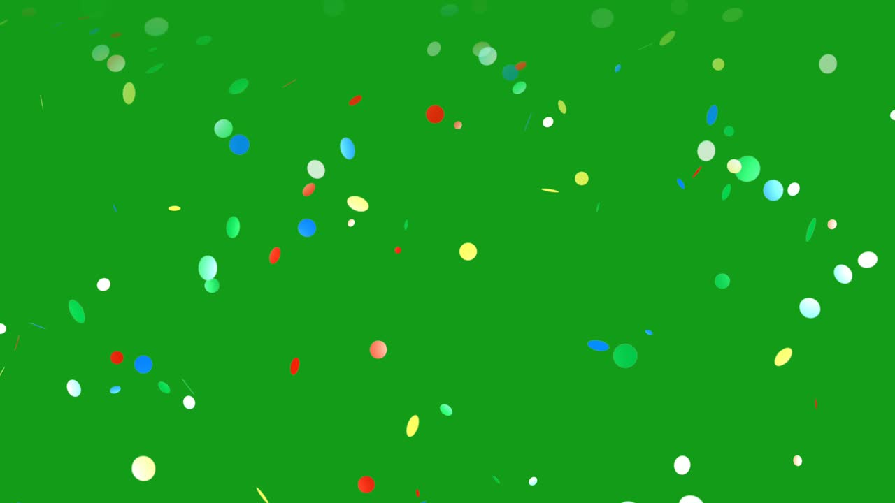 Grafica in movimento con particelle di glitter colorate che cadono su sfondo a schermo verde