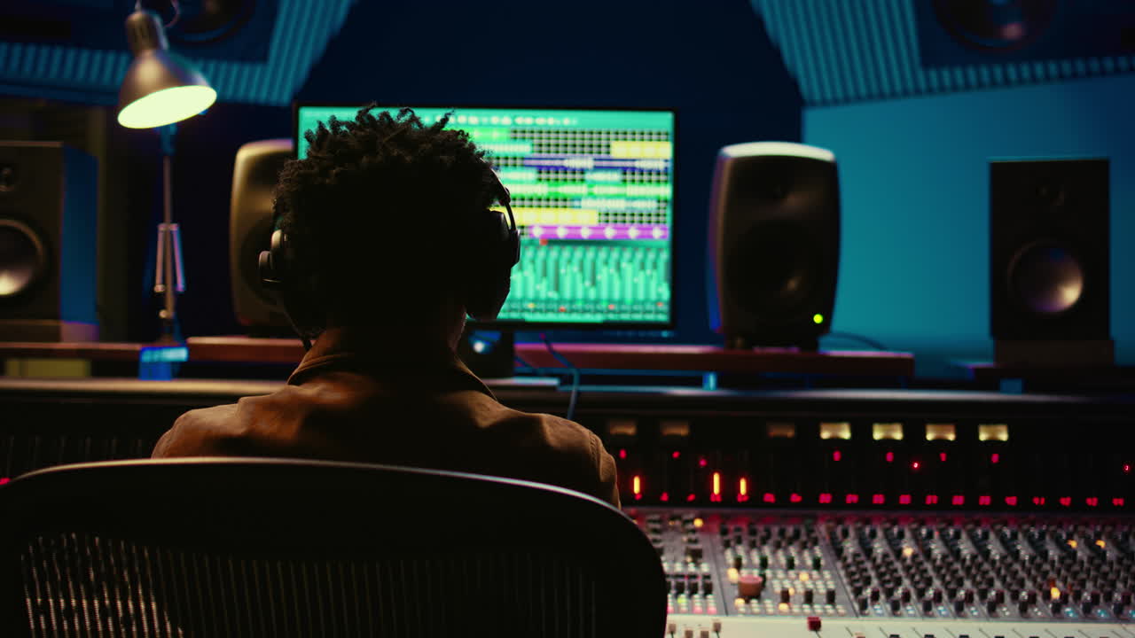 Professional tracking engineer using headphones to edit recorded tracks