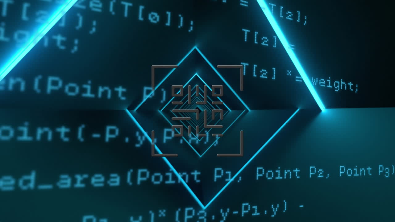 QR code scanner with neon elements against data processing