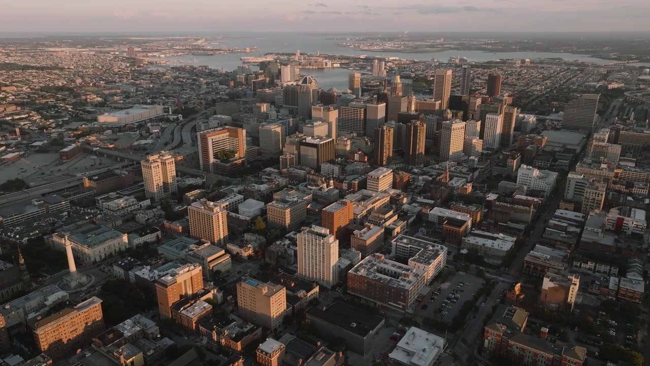 Aerial view of skyscrapers in Downtown Baltimore. Shot at sunset.