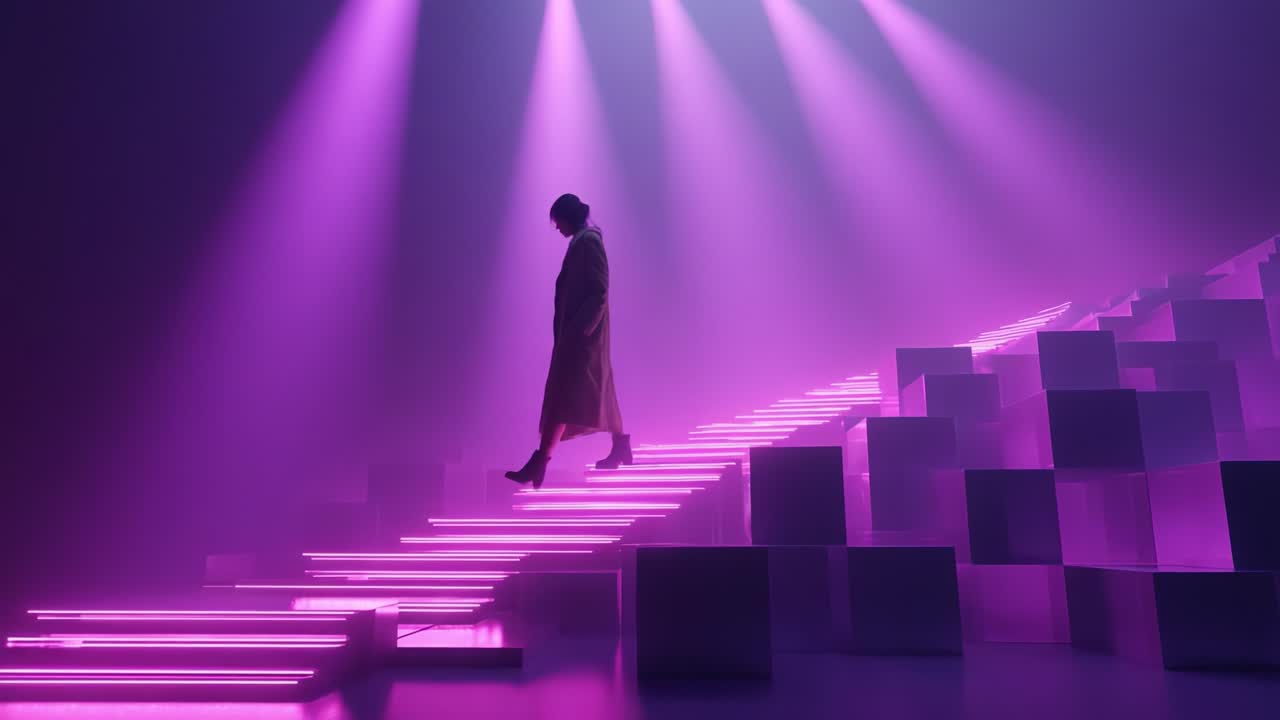 Silueta de una persona subiendo escaleras de neón