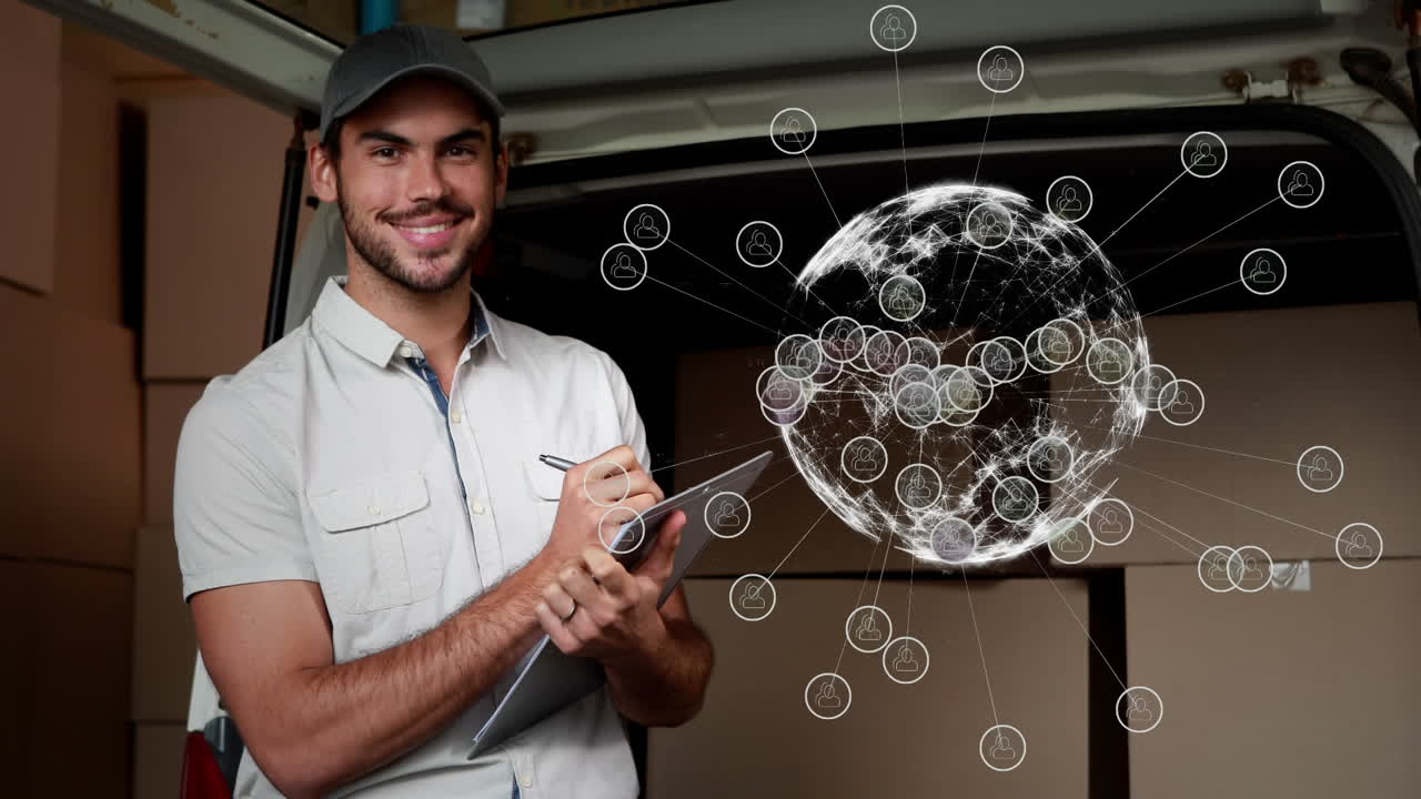 el trabajador de entrega escribe en el clipboard con un globo animado