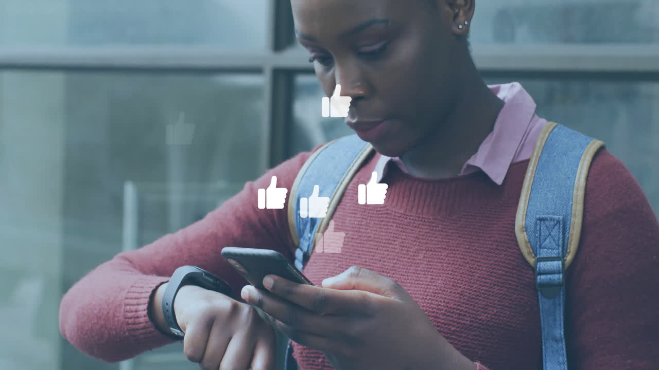 Animation of social media data processing over african american woman using smartphone