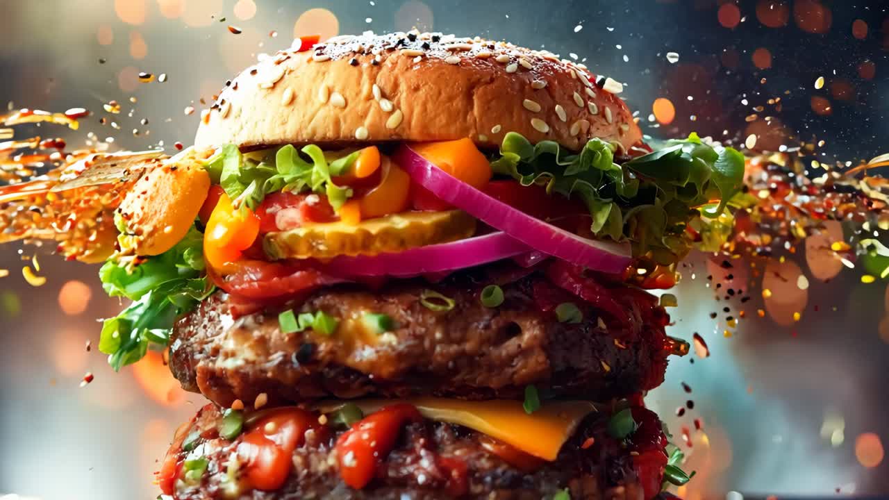 una hamburguesa grande con muchos ingredientes encima