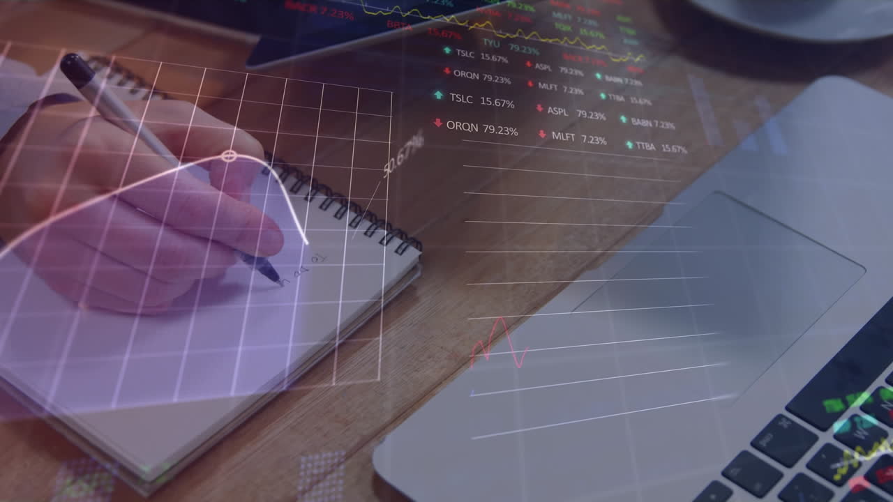 Animation of financial data processing over caucasian woman writing in office
