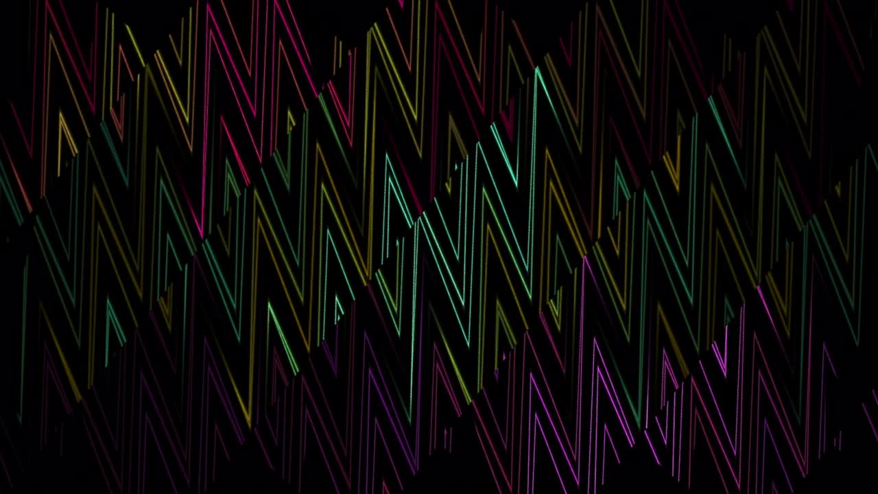 Multicolored zigzag stripes background divided into moving segments, seamless loop. Design. Decorative wall with flowing geometric shapes formed by triangular neon lines