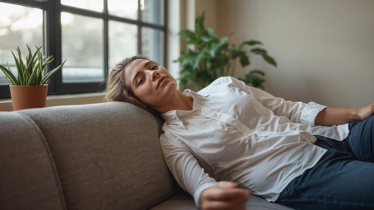 Una donna reclinata si sistema la maglietta e si tocca i capelli sul divano sotto la luce soffusa della finestra, con piante.