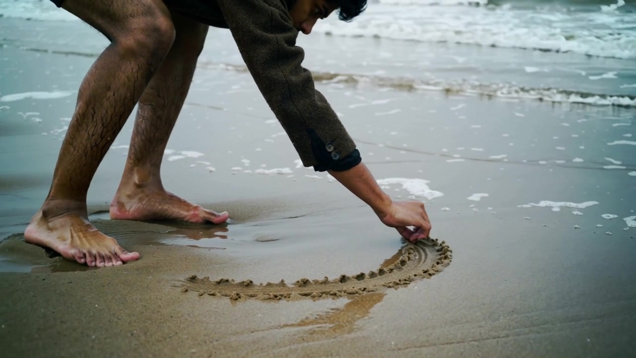 Uomo a piedi nudi con giacca scura che disegna, iniziando a toccare la sabbia bagnata con la mano destra, tracciando un arco.