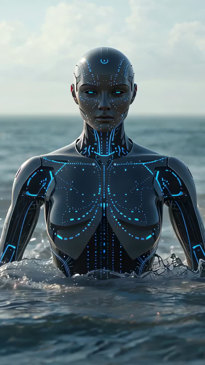 Vertical video: Rising female android from sea as surf hits, scanning sea with blue circuitry