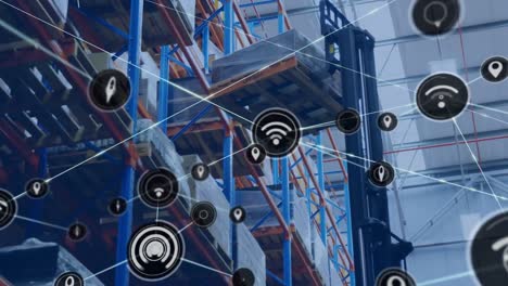 Animation-of-network-of-digital-icons-against-forklift-operating-at-warehouse