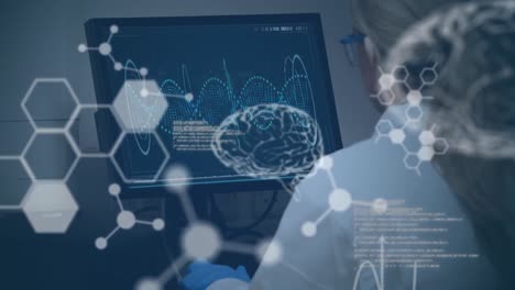 animation of science data processing over female scientist in laboratory