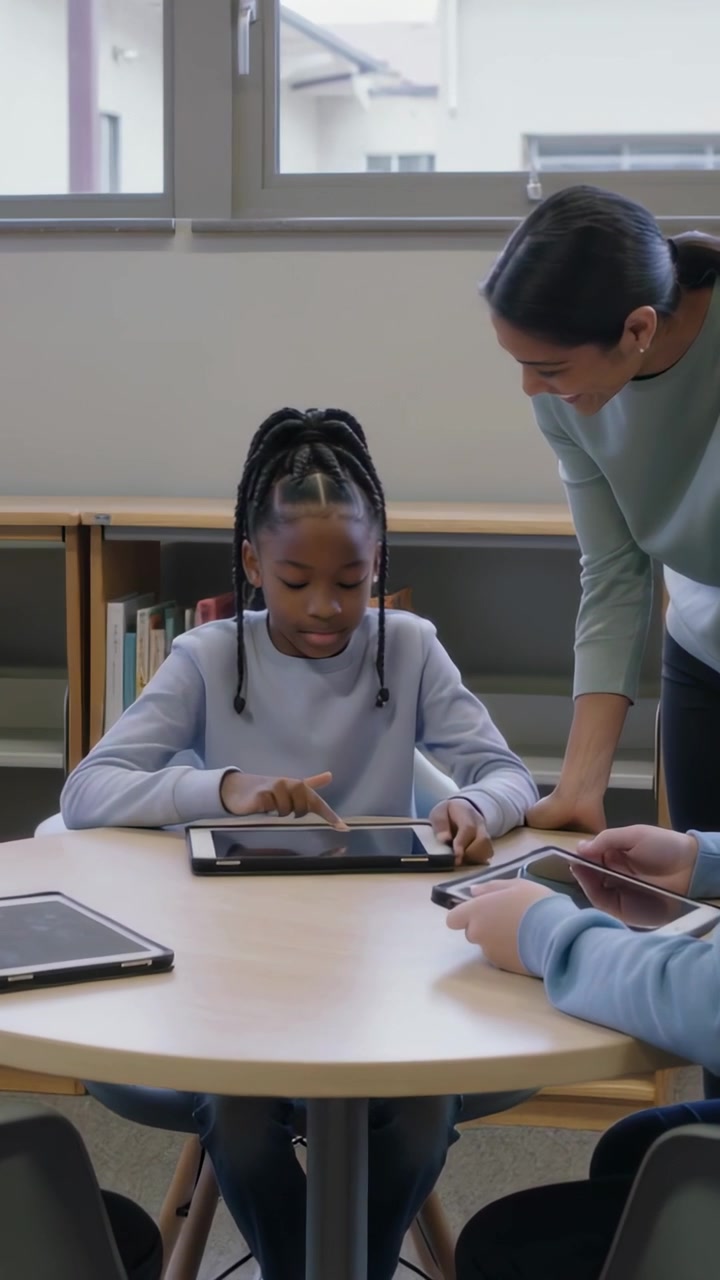 Vertical video: Pointing teacher in green top guiding girl tapping tablet in library for learning