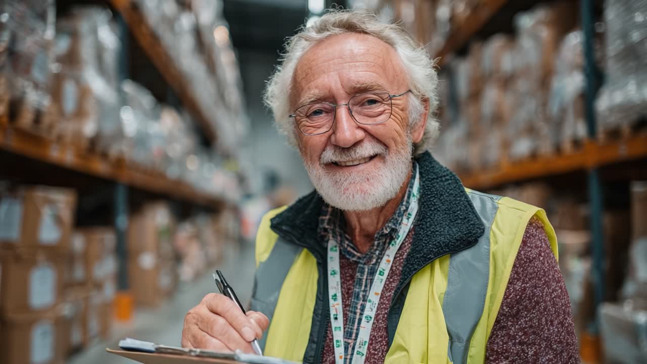 A Friendly Warehouse Worker Smiles While Taking Notes in a Busy Distribution Center, Showcasing Years of Experience and Commitment to Quality Operations