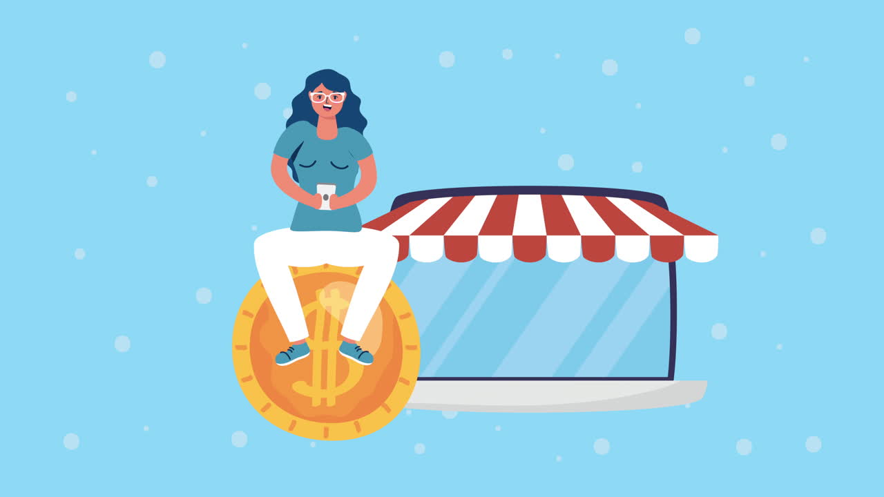 mujer sentada en una moneda de un dólar frente a una tienda en línea