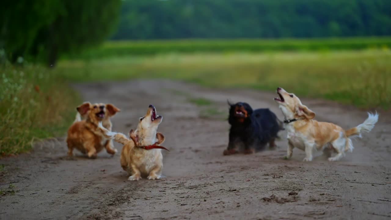 Active dogs among nature. Group of dogs running on the road near the forest in summer. Happy pets play outdoors.