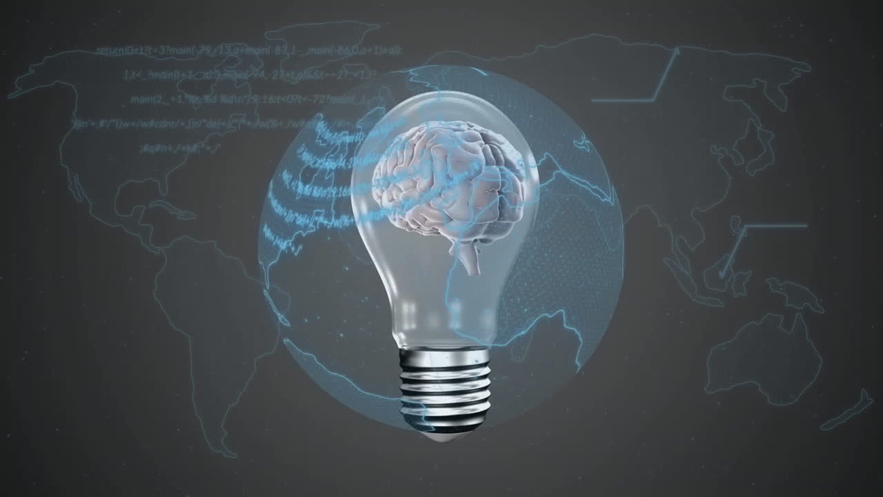 Animation of data processing over globe and light bulb on grey background